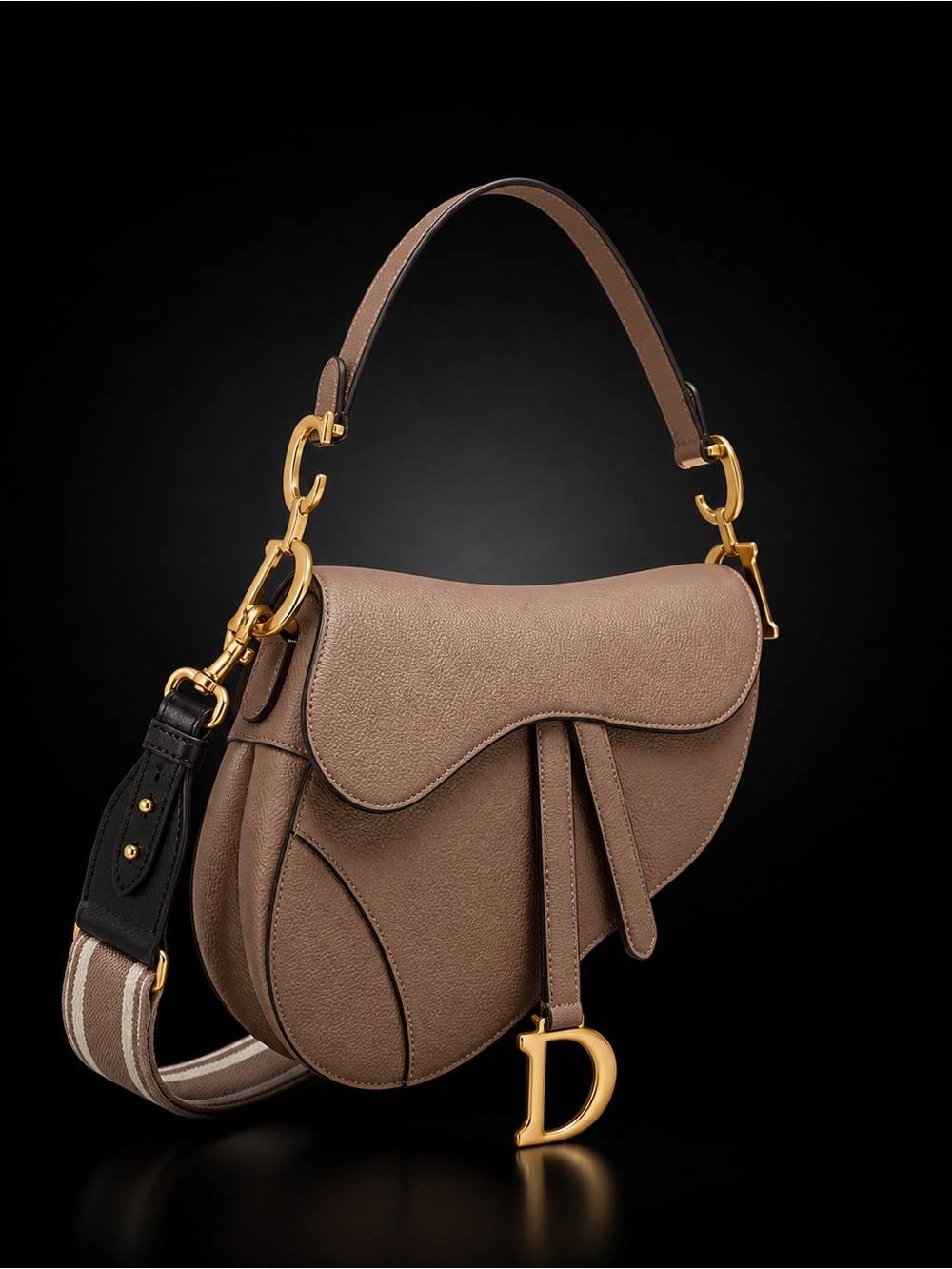 Authentic Christian Dior Taupe Saddle Shoulder Bag Gold Hardware Crossbody Strap